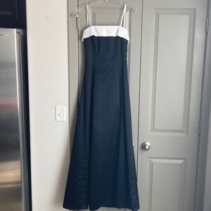 Elegant Black Prom Dress with White Trim and Black Sash. Classic A-Line Like New